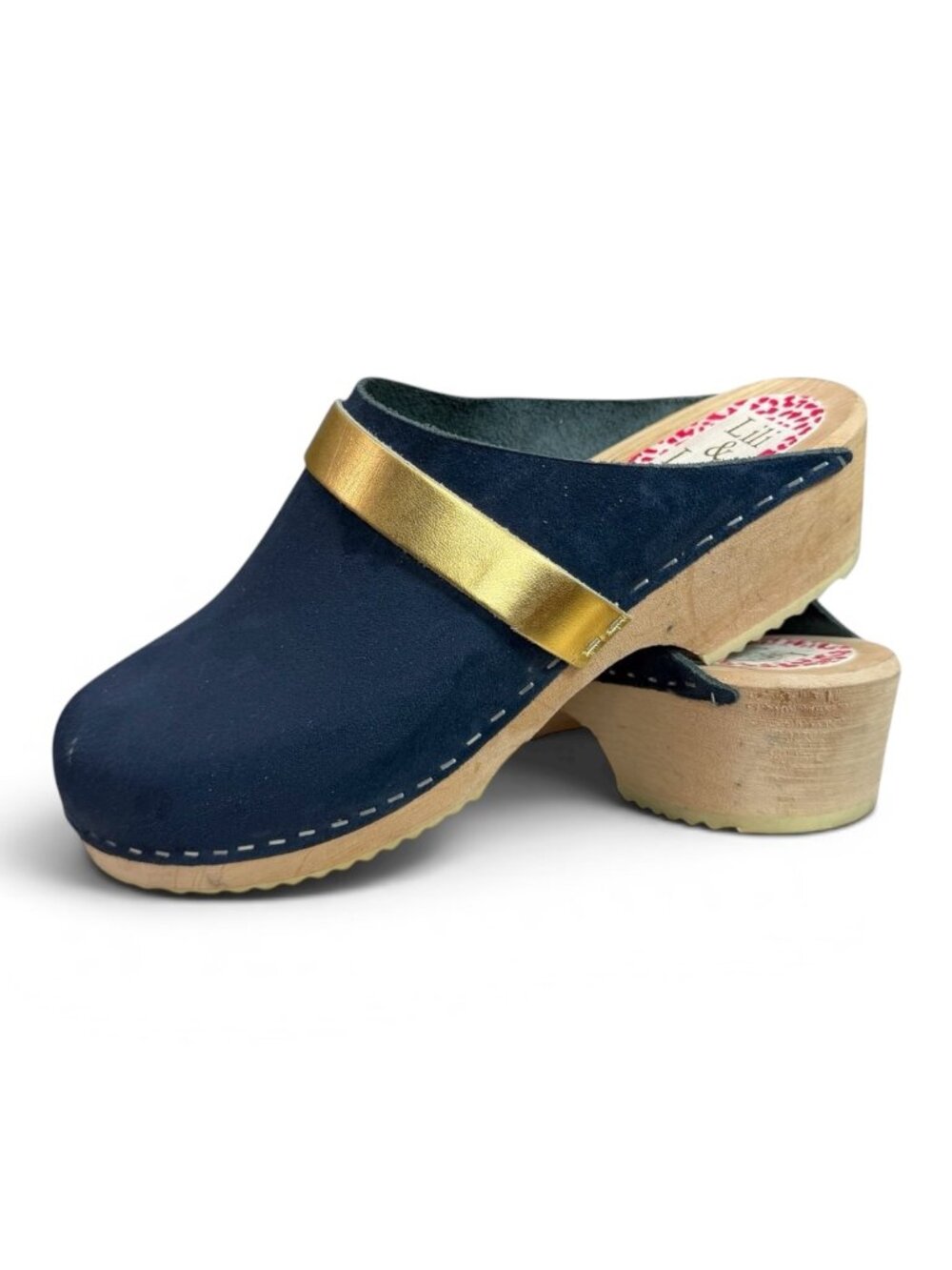 Lila & Lala Stockholm Sweden Malmo Navy Suede Clogs with Gold Strap EU 39, US 9
